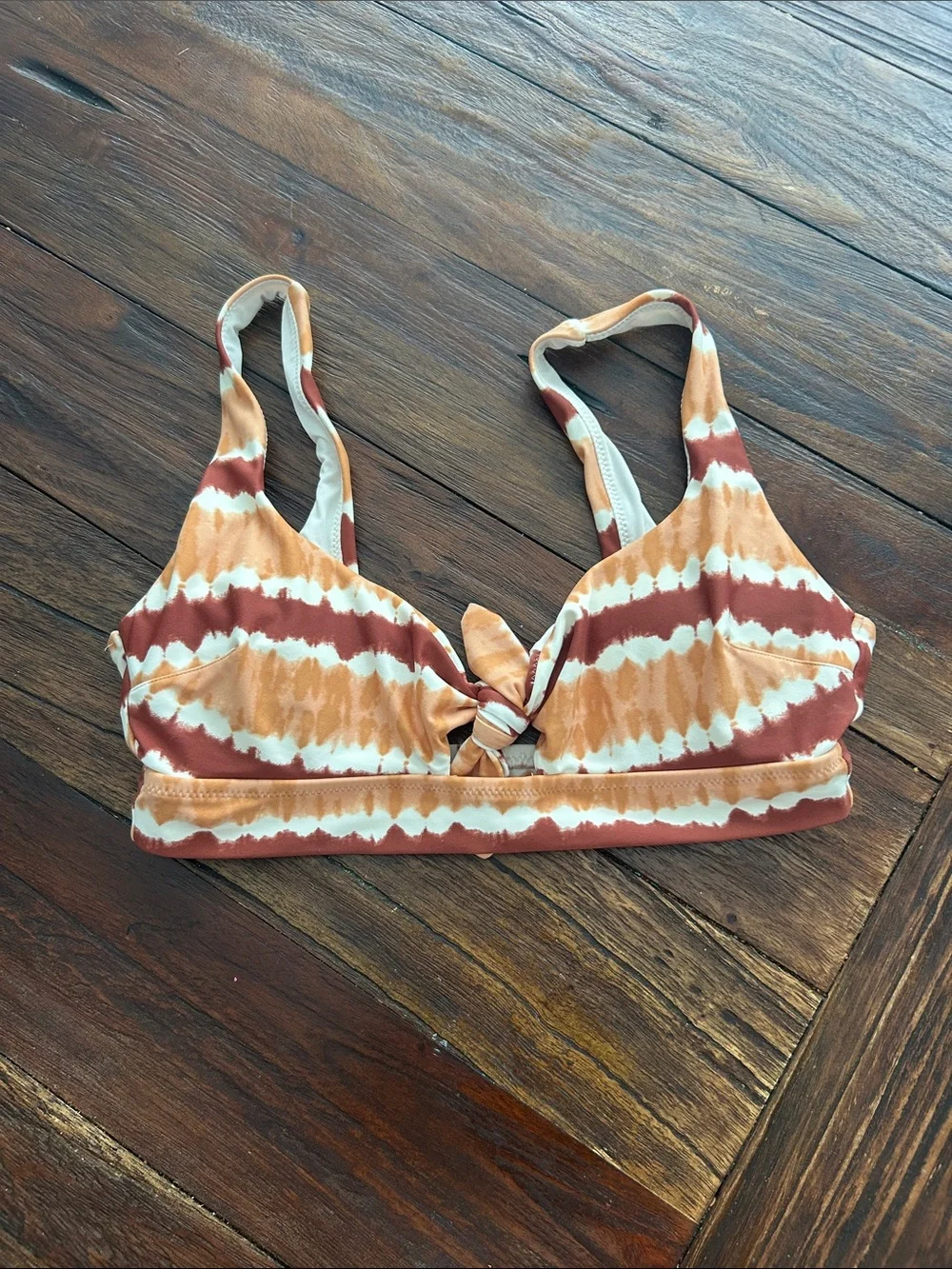 aerie Tie-Front Bikini Top in Rust, Tan & White Stripe Tie-Dye